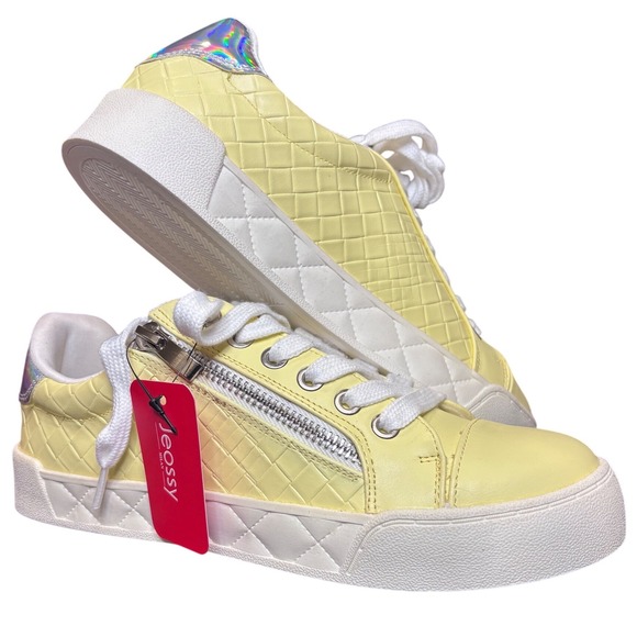 Jeossy Milan Sneakers Yellow Quilted Low Top Lace Up Side Zip Detail Women's 6 - Picture 1 of 12